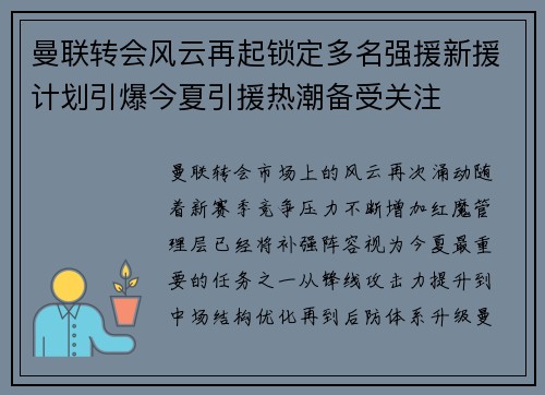 曼联转会风云再起锁定多名强援新援计划引爆今夏引援热潮备受关注